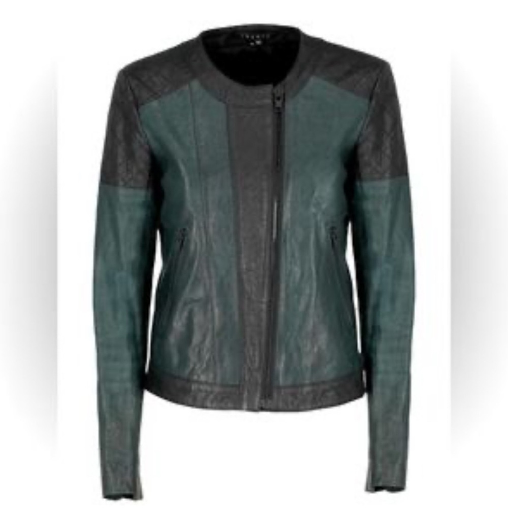 Theory Women's Black & Green 100% Genuine Leather Biker Jacket full zip‎ up SZ S